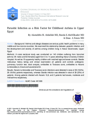 Parasitic Infection as a Risk Factor for Childhood Asthma in Upper Egypt