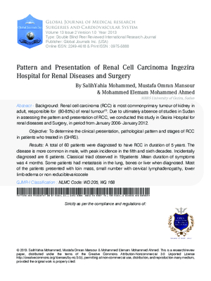 Pattern and Presentation of Renal Cell Carcinoma Ingezira Hospital for Renal Diseases and Surgery