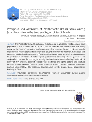Perception and Awareness of Prosthodontic Rehabilitation among Jazan Population in the Southern Region of Saudi Arabia