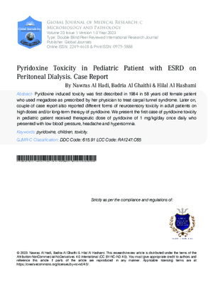 Pyridoxine Toxicity in Pediatric Patient with ESRD on Peritoneal Dialysis. Case Report