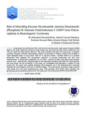 Role of Detoxifing Enzyme Nicotinamide Adenine Dinucleotide (Phosphate) H: Quinone Oxidoreductase-1 C609t Gene Polymorphism in Bronchogenic Carcinoma