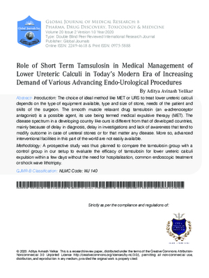 Role of Short Term Tamsulosin in Medical Management of Lower Ureteric Calculi in Today#x2019;s Modern Era of Increasing Demand of Various Advancing Endo-Urological Procedures