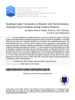 Smoking-Cough, Vaccination in Relation with Socio-Economic, Working-Living Conditions among Garment Workers