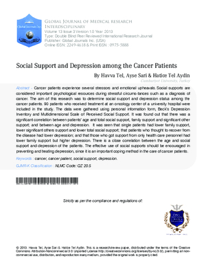 Social Support and Depression among the Cancer Patients