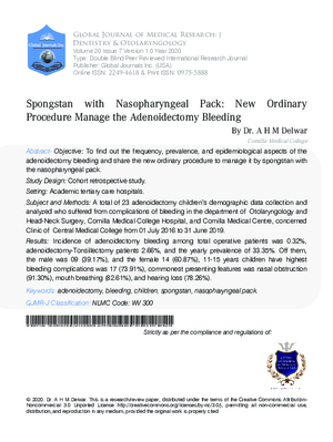 Spongstan with Nasopharyngeal Pack: New Ordinary Procedure Manage the Adenoidectomy Bleeding