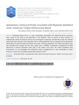 Spontaneous Aortocaval Fistula Associated with Ruptured Abdominal Aortic Aneurysm a  Unique Endovascular Repair