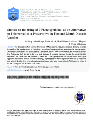 Studies on the using of 2-Phenoxyethanol as an Alternative to Thiomersal as a Preservative in Foot-and-Mouth Disease Vaccine