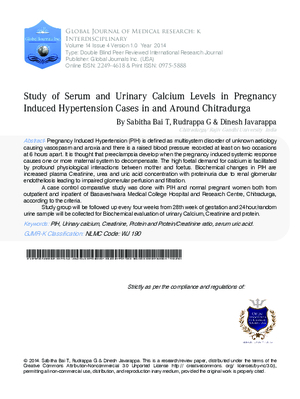 Study of Serum and Urinary Calcium Levels in Pregnancy Induced Hypertension Cases in and around Chitradurga