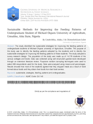 Sustainable Methods for Improving the Feeding Patterns of Undergraduate Student of Michael Okpara University of Agriculture, Umudike, Abia State, Nigeria.