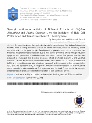 Synergic Anticancer Activity of Different Extracts of Ziziphusa Mauritiana and Punica Grantum L on the Inhibition of Hela Cell Proliferation and Tumor Growth in EAC Bearing Mice