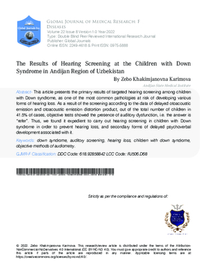 The Results of Hearing Screening at the Children ith Down  Syndrome  Andijan Region f Uzbekistan