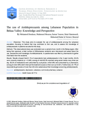 The use of Antidepressants among Lebanese Population in Bekaa Valley: Knowledge and Perspective