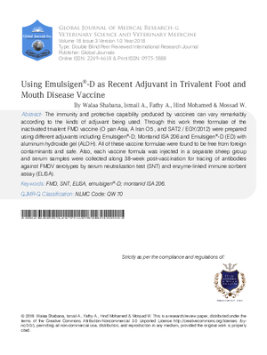 Using Emulsigen-D as Recent Adjuvant in Trivalent Foot and Mouth Disease Vaccine