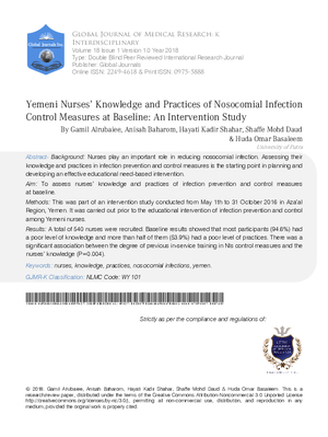 Yemeni Nurses' Knowledge and Practices of Nosocomial Infection Control Measures at Baseline: An Intervention Study