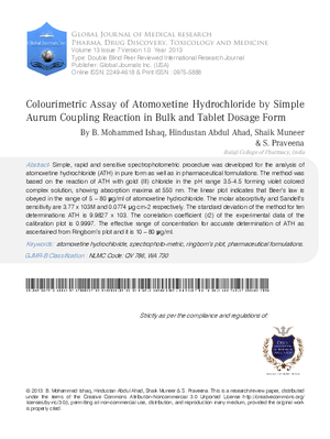 Colourimetric Assay of Atomoxetine Hydrochloride by Simple Aurum Coupling Reaction in Bulk and Tablet  Dosage Form