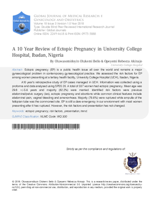 A 10 year Review of Ectopic Pregnancy in University College Hospital, Ibadan, Nigeria