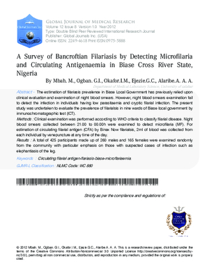 A Survey of Bancroftian Filariasis by Detecting Microfilaria and Circulating Antigenaemia in Biase Cross River State, Nigeria