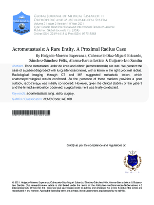 Acrometastasis: A Rare Entity. A Proximal Radius Case