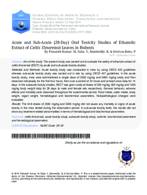 Acute and Sub-Acute (28-Day) Oral Toxicity Studies of Ethanolic Extract of Celtis Timorensis Leaves in Rodents