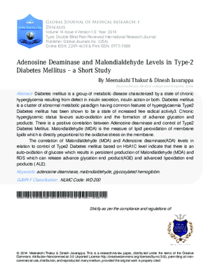 Adenosine Deaminase and Malondialdehyde Levels in  Type-2 Diabetes Mellitus aA Short Study
