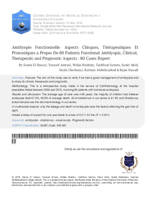 Amblyopie Fonctionnelle: Aspects Cliniques,  Therapeutiques Et Pronostiques a Propos De 80 Patients"  " Fonctional Amblyopia, Clinical,  Therapeutic and Prognostic Aspects : 80 Cases Report