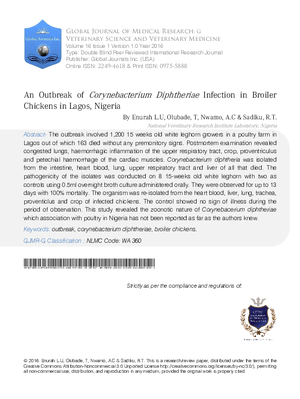 An Outbreak of Corynebacterium Diphtheriae Infection in Broiler Chickens in Lagos, Nigeria