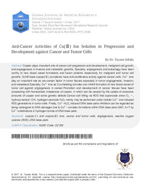 Anti-Cancer Activities of Cu(?) Ion Solution in Progression  and Development against Cancer and Tumor Cells
