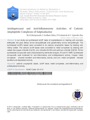 Antidepressant and Anti-Inflammatory Activities of Cationic Amphiphilic Complexes of Sulphadiazine