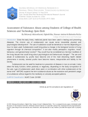Assessment of Substance Abuse and Associated Factors Among Students of  Debre Markos Poly Technique College In Debre Markos Town, East Gojjam Zone,  Amhara Regional State, Ethiopia ,2013 | Global Journal of Medical Research