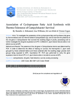 Association of Cyclopropane Fatty Acid Synthesis with Thermo-Tolerance of Campylobacter Survival