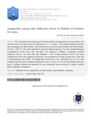 Astigmatism among Other Refractive Errors in Children of Southern Sri Lanka