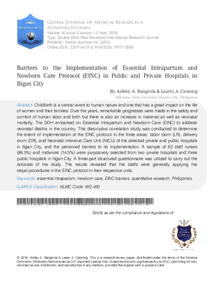 Barriers to the Implementation of Essential Intrapartum and Newborn Care Protocol (EINC) in Public and Private Hospitals in Iligan City