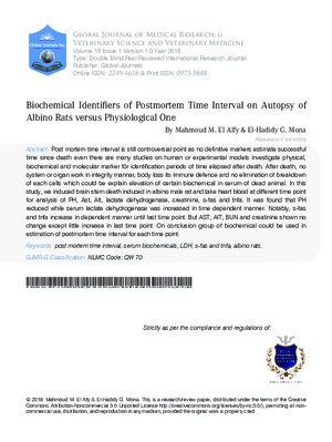 Biochemical Identifiers of Postmortem Time Interval on Autopsy of Albino Rats Versus Physiological One