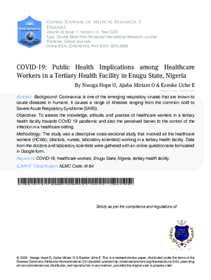 COVID-19: Public Health Implications among Healthcare Workers in a Tertiary Health Facility in Enugu State, Nigeria