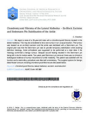 Chondromyxoid Fibroma of the Lateral Malleolus a En-Block Excision and Steinmann Pin Stabilisation of the Ankle