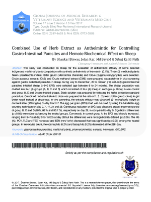 Combined use of Herb Extract as Anthelmintic for Controlling Gastro- Intestinal Parasites and Hemoto-Biochemical Effect on Sheep