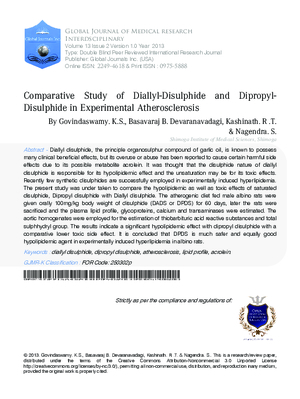 Comparative Study of Diallyl-Disulphide and Dipropyl-Disulphide in Experimental Atherosclerosis