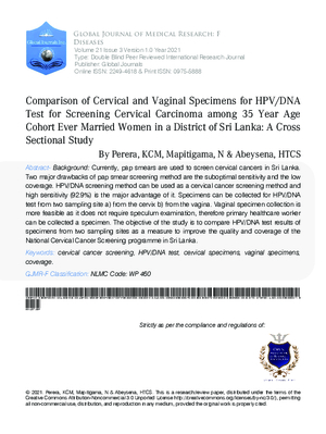 Comparison of Cervical and Vaginal Specimens for HPV/DNA Test for Screening Cervical Carcinoma among 35 Year Age Cohort Ever Married Women in a District of Sri Lanka: A Cross Sectional Study