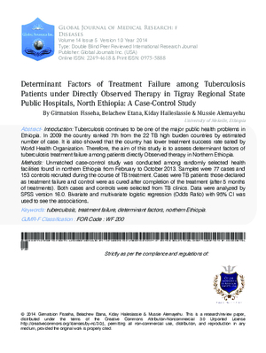 Determinant Factors of Treatment Failure among Tuberculosis Patients under Directly Observed Therapy in Tigray Regional State Public Hospitals, North Ethiopia: A Case-Control Study