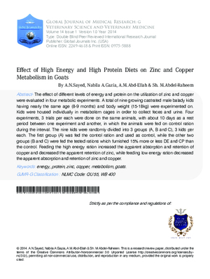 Effect of High Energy and High Protein Diets on Zinc and Copper Metabolism in Goats