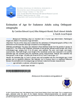 Estimation of age for Sudanese adults using Orthopantomographs