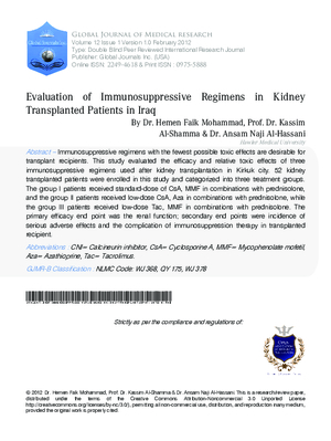 Evaluation of immunosuppressive regimens in kidney transplanted patients in Iraq