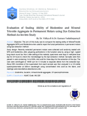 Evaluation of Sealing Ability of Biodentine and Mineral Trioxide Aggregate in Permanent Molars using Dye Extraction Method-an Invitro Study