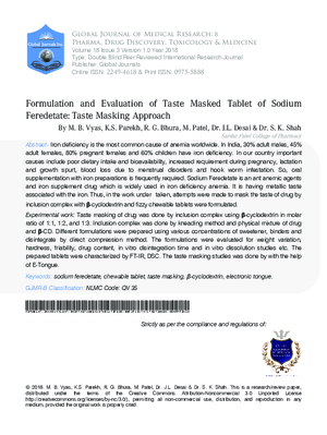 Formulation and Evaluation of Taste Masked Tablet of Sodium Feredetate: Taste Masking Approach