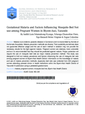 Gestational Malaria and Factors Influencing Mosquito Bed Net Use Among Pregnant Women in Biyem-Assi, Yaounde