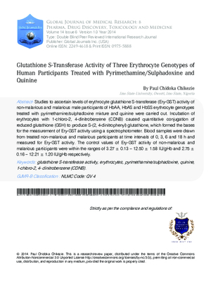 Glutathione S-Transferase Activity of Three Erythrocyte Genotypes of Human Participants Treated with Pyrimethamine/Sulphadoxine and Quinine