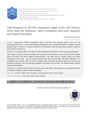 Good Prognosis of ALCAPA (Anomalous Origin of the Left Coronary Artery from the Pulmonary Artery Syndrome) with Early Diagnosis and Surgical Treatment