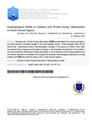 Haematological Profile In Children With Protein Energy Malnutrition In North Central Nigeria