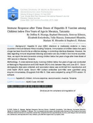 Immune Response after Three Doses of Hepatitis B Vaccine among Children below Five Years of Age in Mwanza, Tanzania