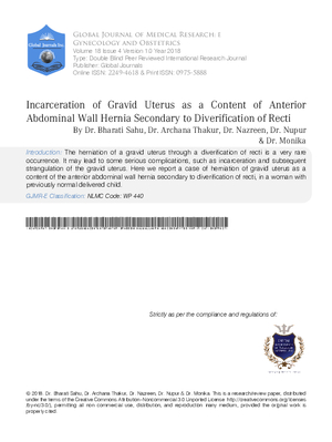 Incarceration of Gravid Uterus as A Content of Anterior Abdominal Wall Hernia Secondary to Diverification of Recti